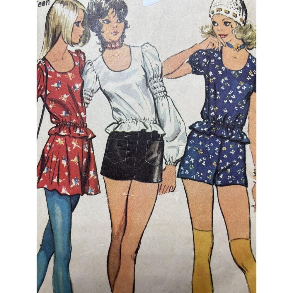 Vtg 1970s  Simplicity 9727 Pattern Retro Boho Shorts Mini Skirt Puff Sleeve Top